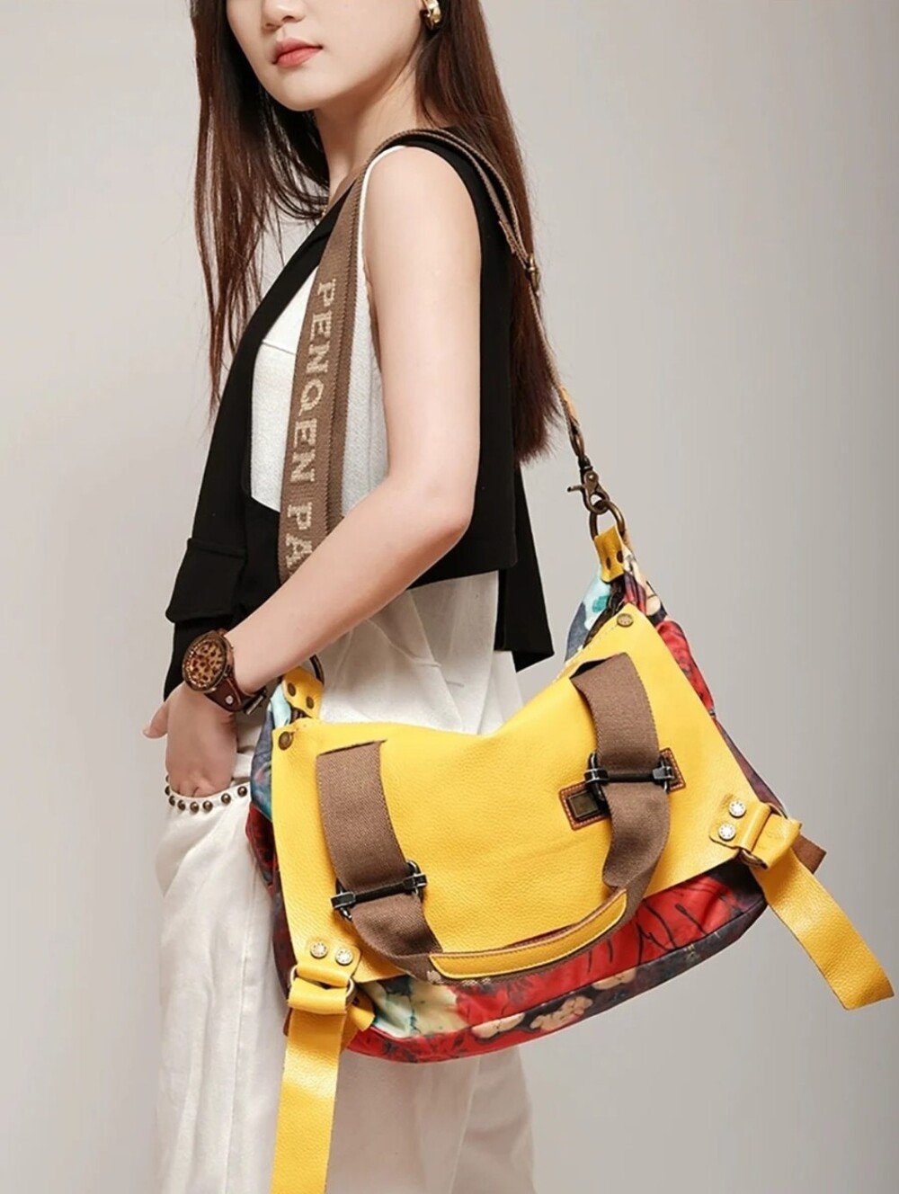 Penqen Pan yellow brown red leather and fabric shoulder tote messenger beach Bag